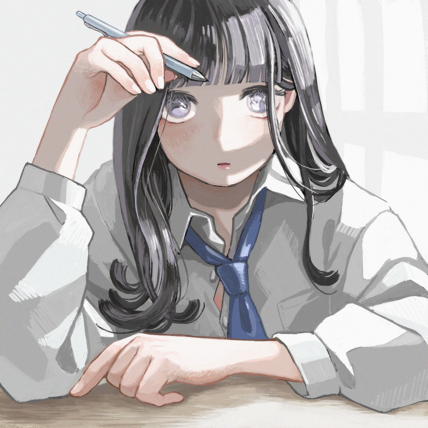 1girl, bangs, black_hair, blue_neckwear, blunt_bangs, blush, collared_shirt, grey_eyes