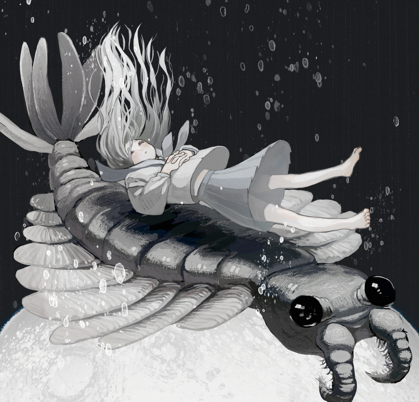 1girl, anomalocaris, bare_legs, barefoot, bubble, closed_eyes, floating_hair, grey_hair