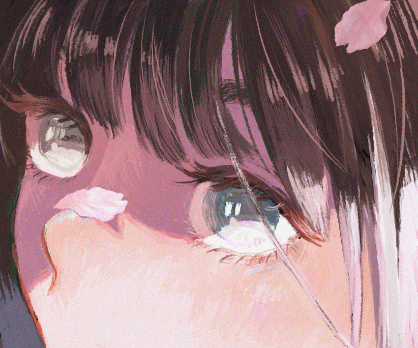1girl, bangs, black_hair, cherry_blossoms, close-up, grey_eyes, hanio3, highres