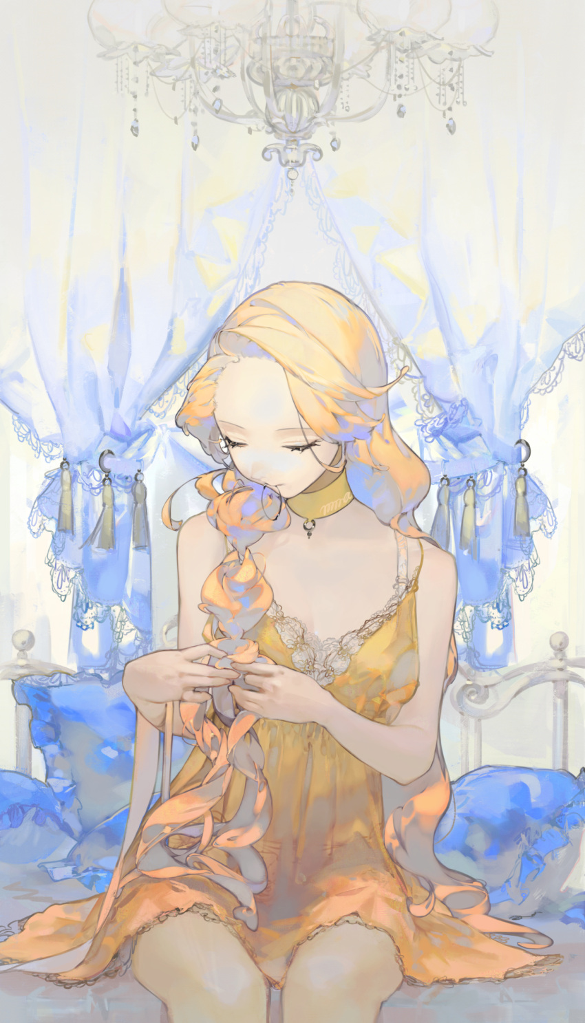 1girl, blonde_hair, braid, braiding_hair, closed_eyes, curtains, hairdressing, highres, long_hair, mallllma, nightgown, original, pillow, sitting, solo_focus
