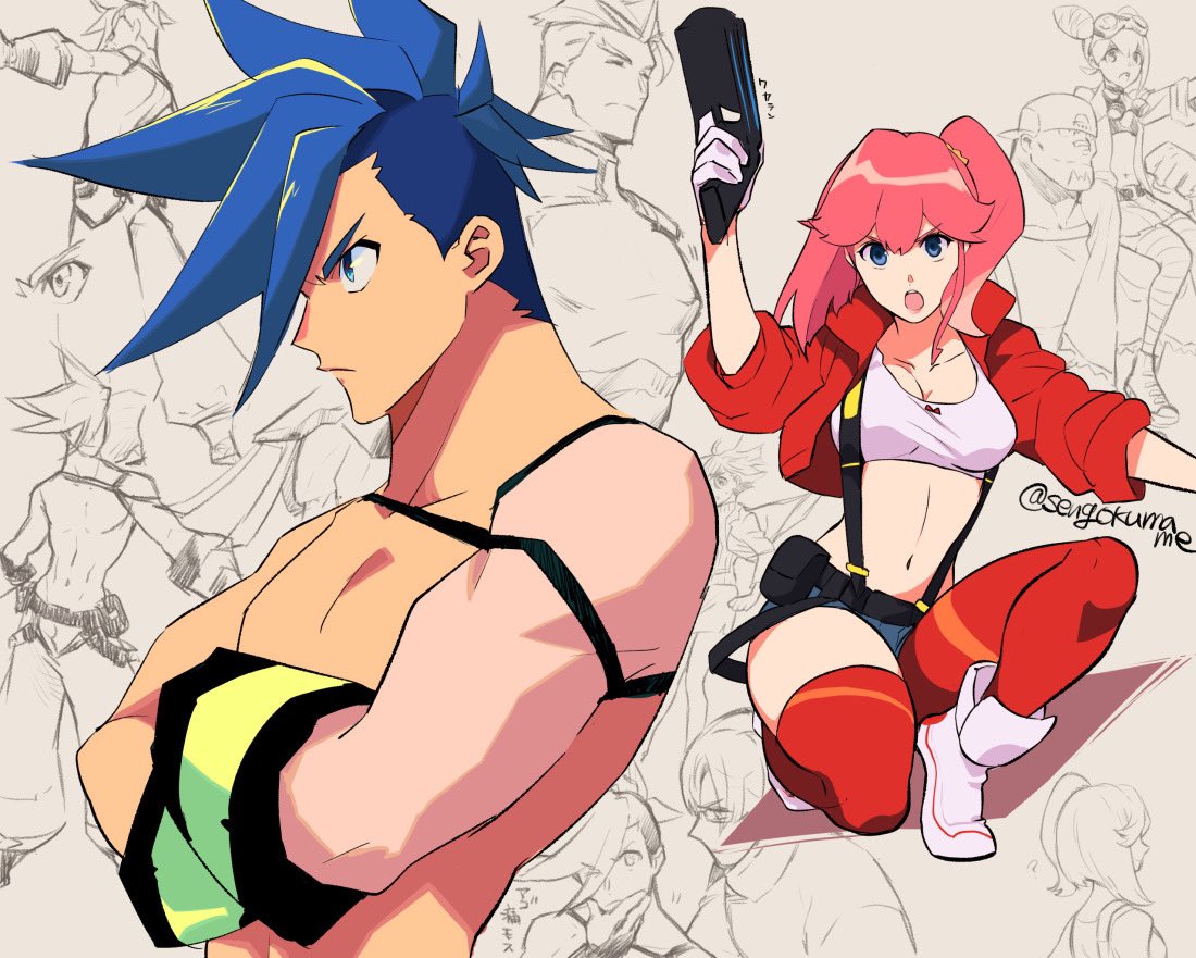 3girls, aina_ardebit, baseball_cap, belt_pouch, blue_eyes, blue_hair, brown_background, carrying