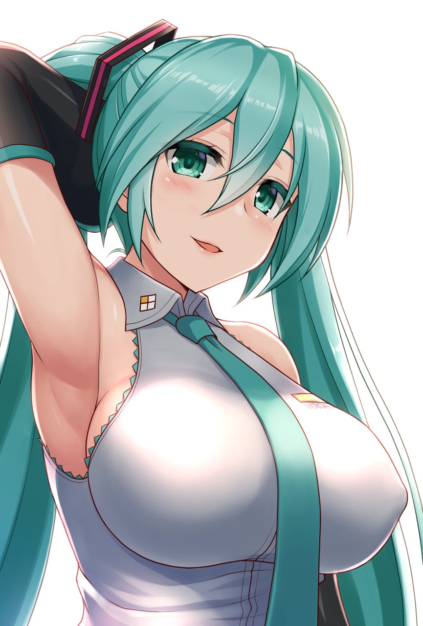 1girl, aqua_eyes, aqua_hair, aqua_neckwear, arm_up, armpits, backlighting, blush