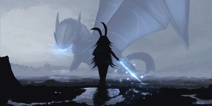 1girl, animal_ears, back, benares_(honkai_impact), clouds, cloudy_sky, dragon, fox_ears
