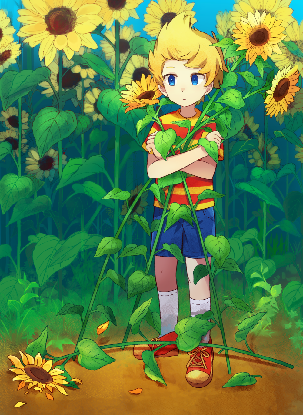 0mzum1, 1boy, blonde_hair, blue_eyes, field, flower, flower_field, highres