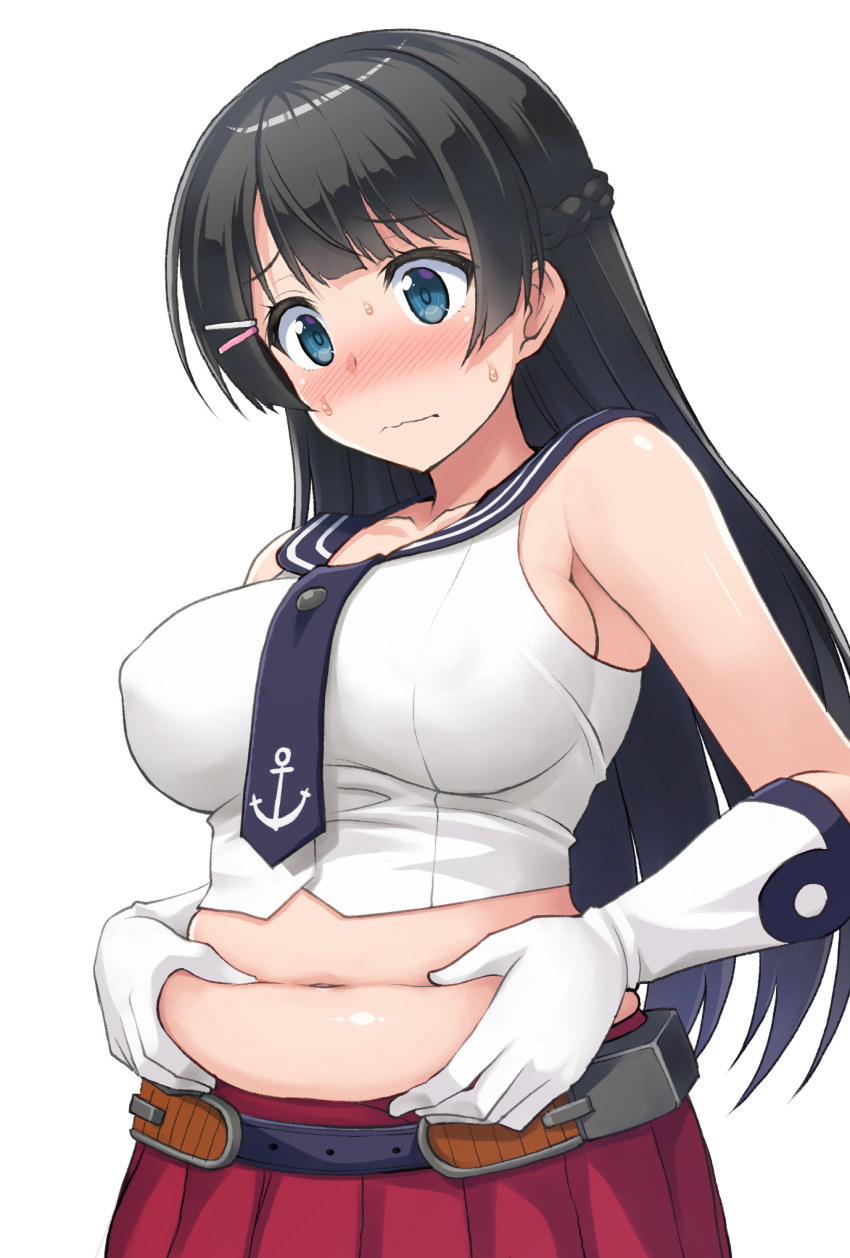 1girl, agano_(kancolle), agano_(kancolle)_(cosplay), anchor_symbol, belly, belly_grab, belt, black_hair