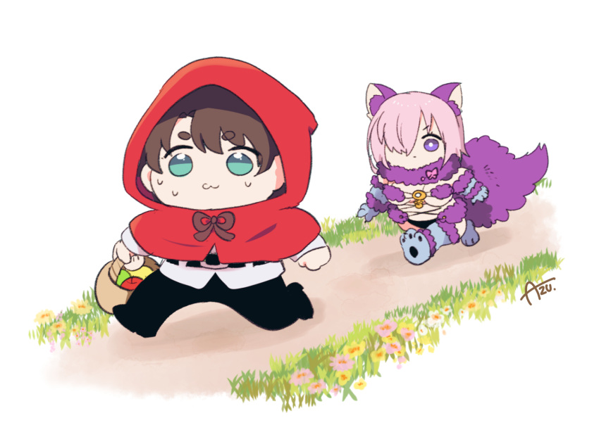 1boy, 1girl, :3, alternate_costume, animal_costume, animal_ears, apple, azu_(kirara310)