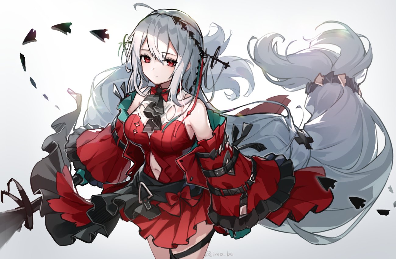 1girl, ahoge, aqua_gloves, arknights, ascot, bangs, bare_shoulders, black_ascot