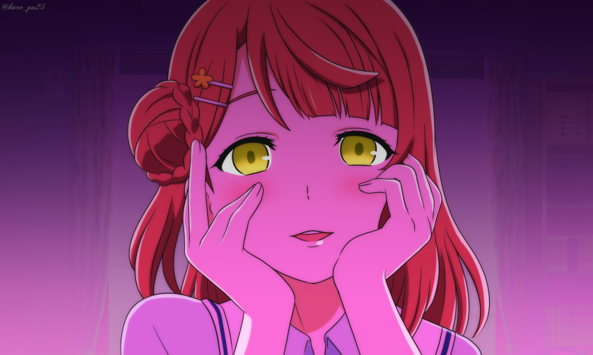 1girl, asymmetrical_bangs, bangs, blush, braid, braided_bun, hair_bun, hair_ornament, hairclip, hands_on_own_cheeks, hands_on_own_face, kousaka_kure, looking_at_viewer, love_live!, love_live!_nijigasaki_high_school_idol_club, medium_hair, open_mouth, out_of_frame, redhead, signature, simple_background, solo, star_(symbol), uehara_ayumu, upper_body, yandere, yandere_trance, yellow_eyes