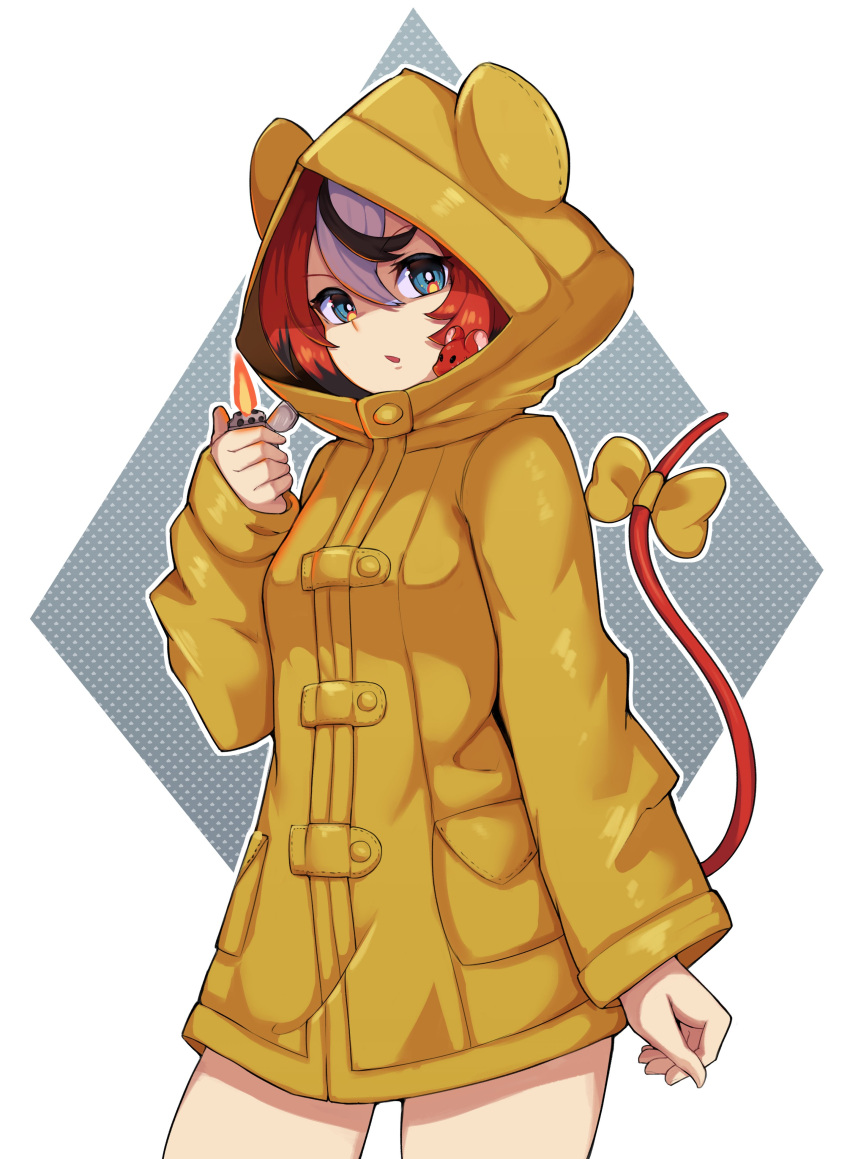 1girl, absurdres, animal_ears, animal_hood, animal_on_shoulder, black_hair, blue_eyes, breasts, coat, commentary, cosplay, cowboy_shot, english_commentary, eyebrows_visible_through_hair, fire, grey_background, hair_between_eyes, hakos_baelz, highres, holding, holding_lighter, hololive, hololive_english, hood, hood_up, hooded_coat, lighter, little_nightmares, long_sleeves, looking_at_viewer, mouse_ears, mouse_girl, mouse_on_shoulder, mouse_tail, mr._squeaks_(hakos_baelz), multicolored_hair, open_mouth, patterned_background, raincoat, redhead, short_hair, silver_hair, simple_background, six_(little_nightmares), six_(little_nightmares)_(cosplay), small_breasts, solo, standing, streaked_hair, tail, virtual_youtuber, white_background, yellow_coat, yunka_uraka