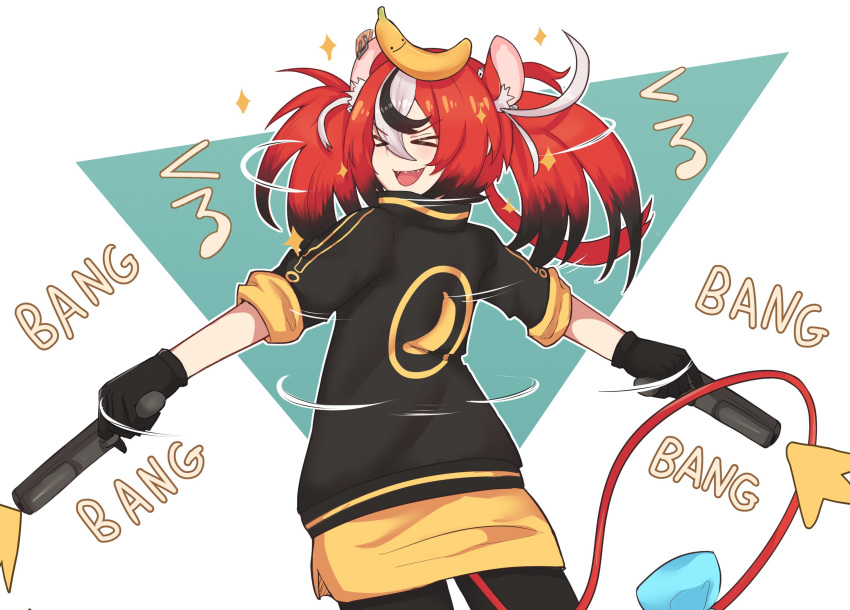 >_<, >o<, 1girl, animal_ear_fluff, animal_ears, banana, black_gloves, black_hair