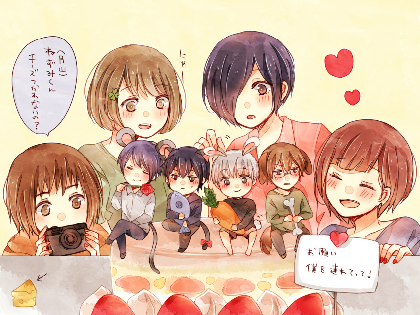 4boys, 4girls, :d, :o, animal_ears, arrow_(symbol), bangs, barefoot