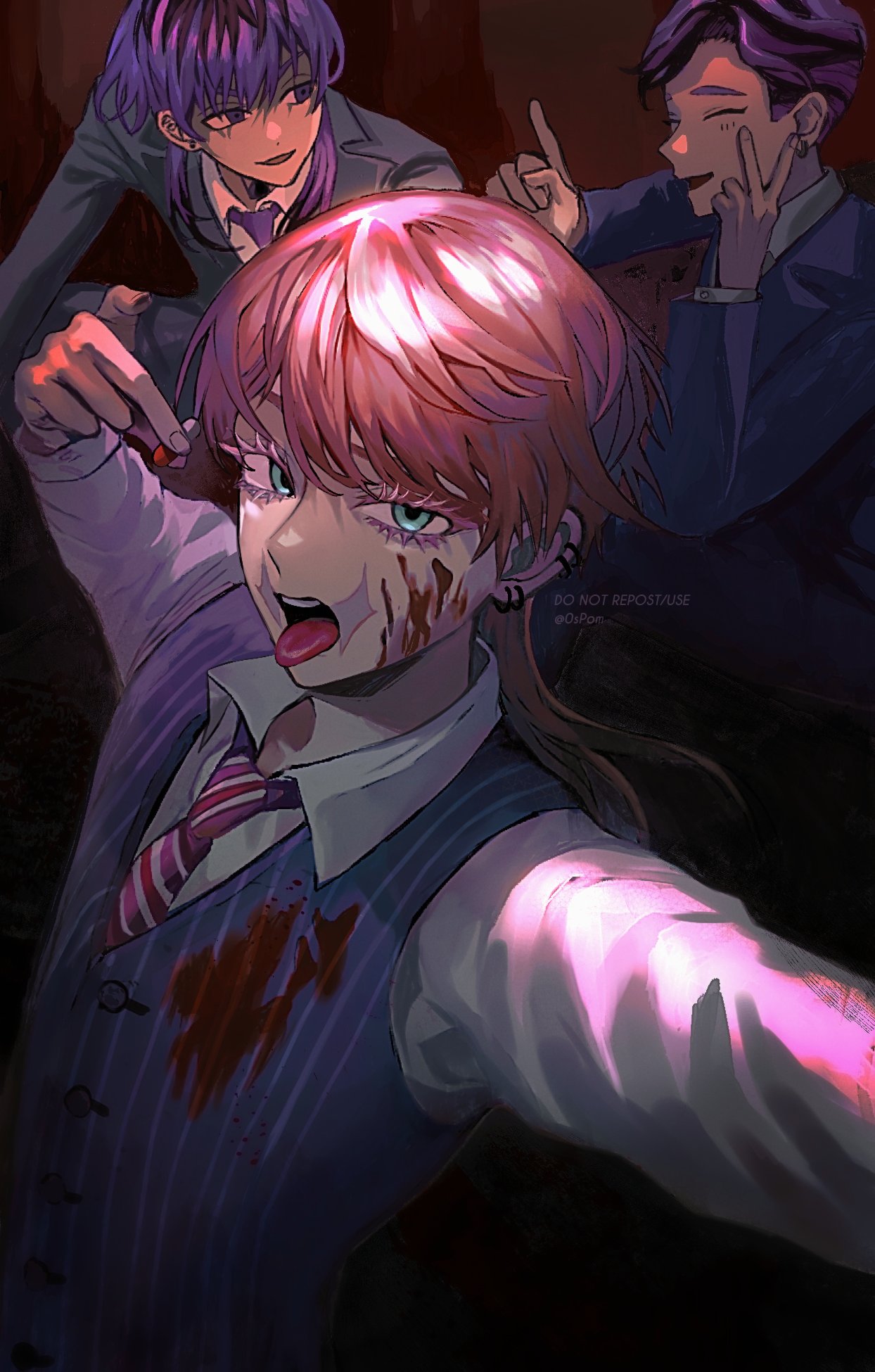 3boys, ^_^, bangs, black_hair, blood, blood_on_clothes, blood_on_face, blue_eyes
