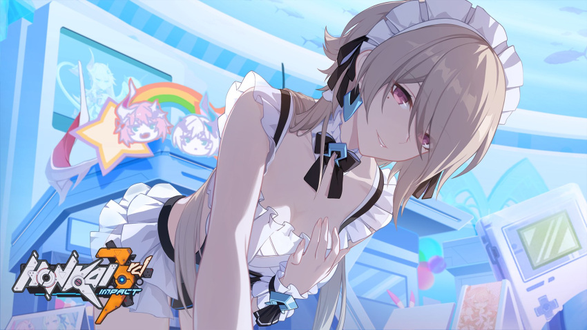 1girl, bangs, brown_hair, earrings, frilled_swimsuit, frills, grin, hair_over_one_eye