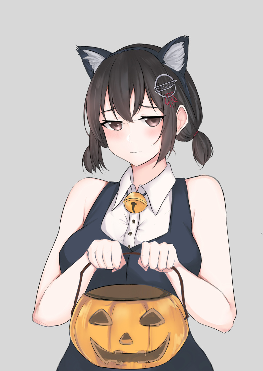1girl, absurdres, alternate_costume, alternate_hairstyle, animal_ears, breasts, haguro_(kancolle), halloween