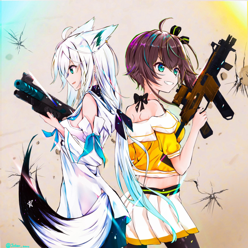 2girls, ahoge, animal_ears, apex_legends, aqua_eyes, back-to-back, bangs, black_legwear