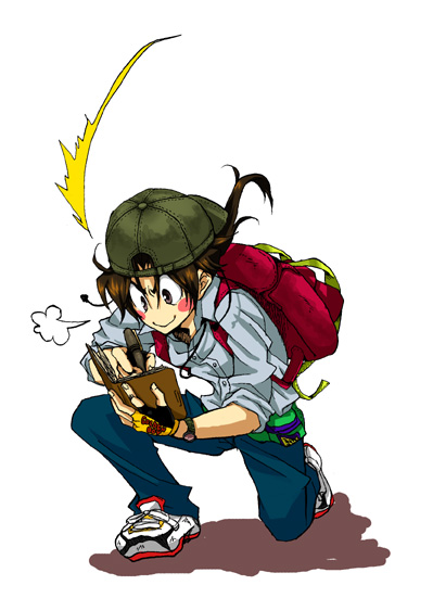 backpack, bag, baseball_cap, belt_pouch, blush, blush_stickers, earphones, fingerless_gloves