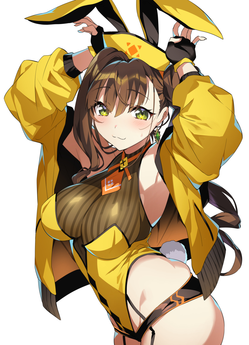 1girl, animal_ears, arms_up, awane_kokoro, bangs, bare_shoulders, blush, breasts