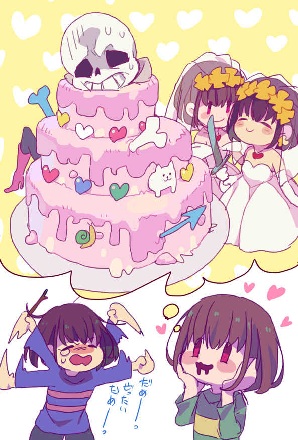 2girls, =_=, angry, bangs, bare_shoulders, blush, bone, bride