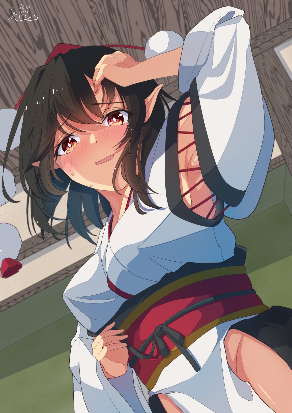 1girl, amanoyayuki, arm_up, armpits, bangs, blush, breasts, brown_hair