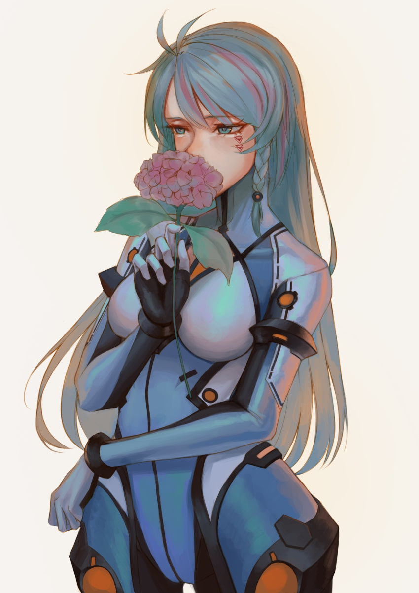 1girl, azura_cecillia, beige_background, blue_bodysuit, blue_eyes, blue_hair, bodysuit, braid