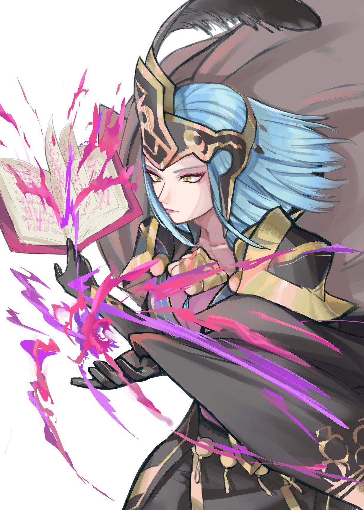 1girl, arete_(fire_emblem), armor, aura, bangs, blue_hair, book, cape