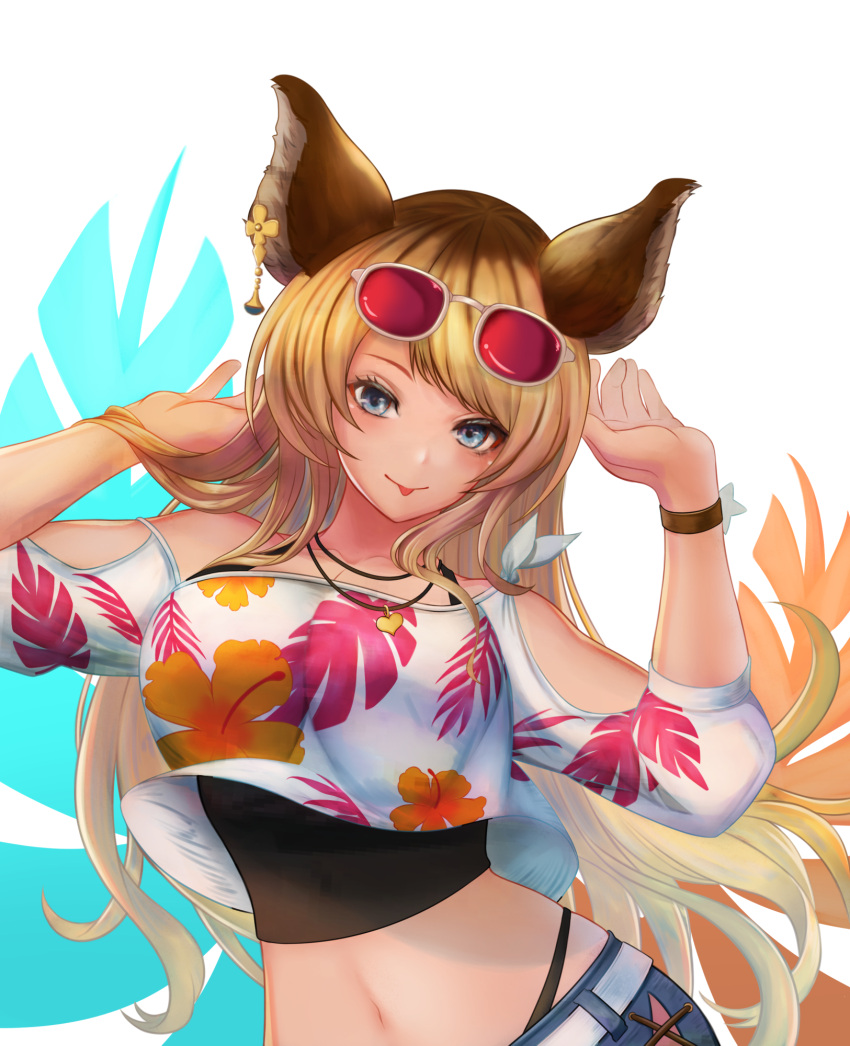1girl, :p, animal_ears, arms_up, bangs, bare_shoulders, belt, blonde_hair