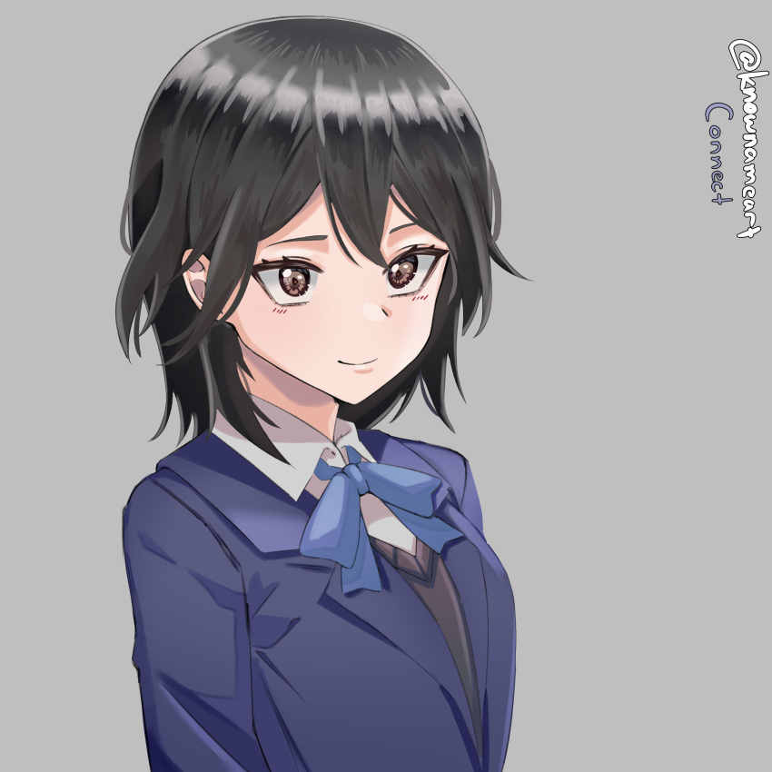 1girl, absurdres, artist_name, bangs, black_hair, black_sweater_vest, blazer, blue_bow, blue_bowtie, blue_jacket, bow, bowtie, brown_eyes, commentary, dress_shirt, english_commentary, eyelashes, grey_background, hair_between_eyes, highres, inaba_himeko, jacket, knownameart, kokoro_connect, looking_ahead, school_uniform, shirt, short_hair, simple_background, smile, solo, twitter_username, upper_body, upturned_eyes, wavy_hair, white_shirt