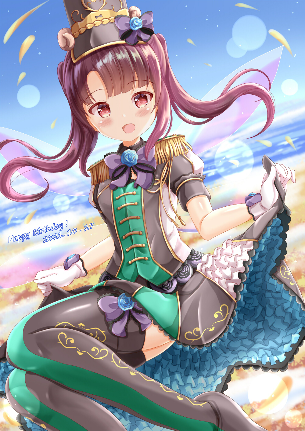 1girl, :d, bangs, black_footwear, black_headwear, black_legwear, black_shirt, black_skirt