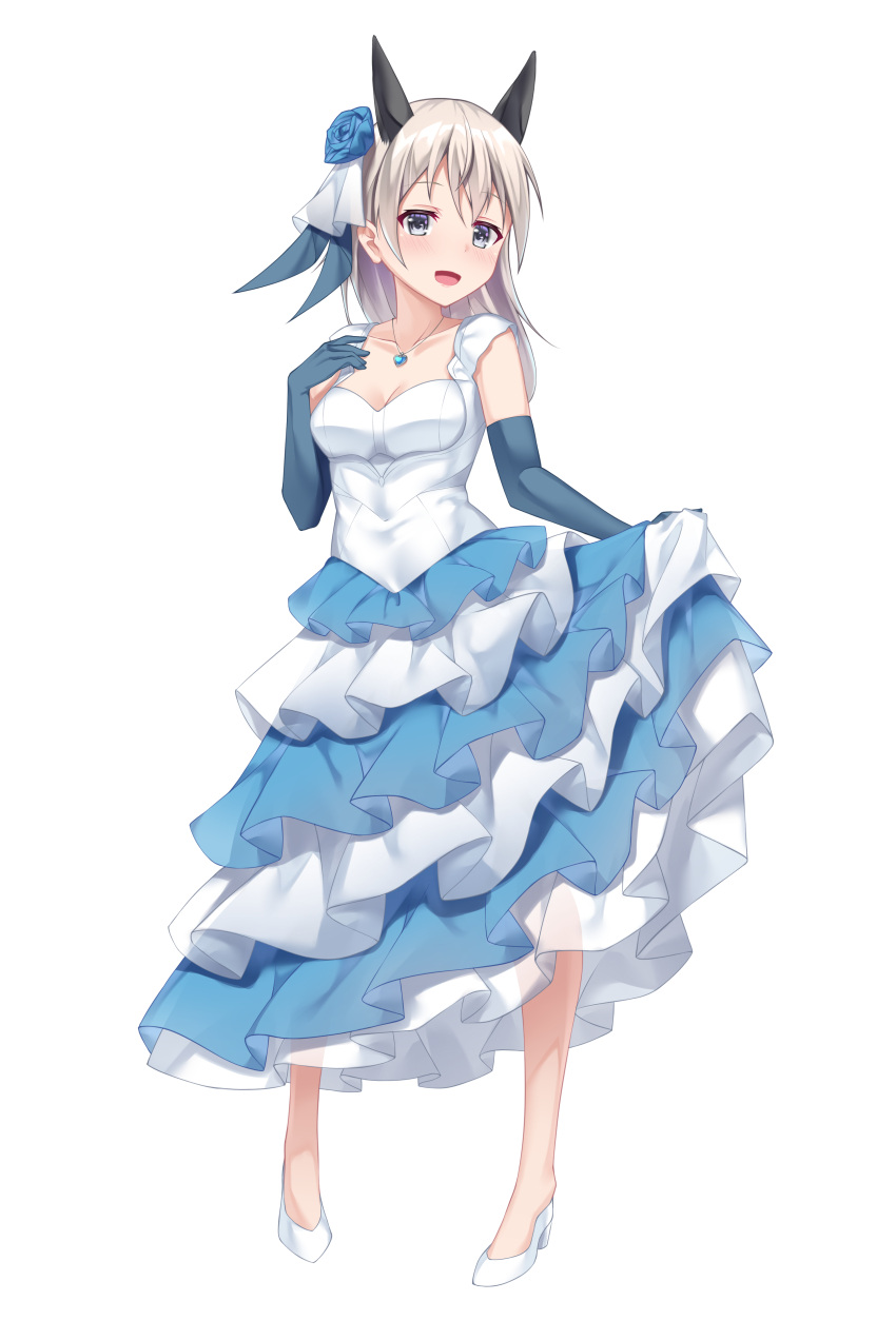 1girl, :d, absurdres, alternate_costume, animal_ears, bangs, blue_dress, blue_flower