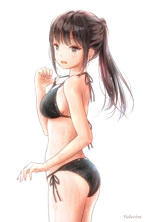 1girl, :d, ass, bangs, bare_arms, bare_legs, bikini, black_bikini, black_hair, breasts, brown_eyes, commentary_request, from_side, looking_at_viewer, looking_to_the_side, medium_breasts, nail_polish, open_mouth, original, ponytail, side-tie_bikini, sideboob, sidelocks, signature, simple_background, smile, swimsuit, wet, white_background, yuluvine