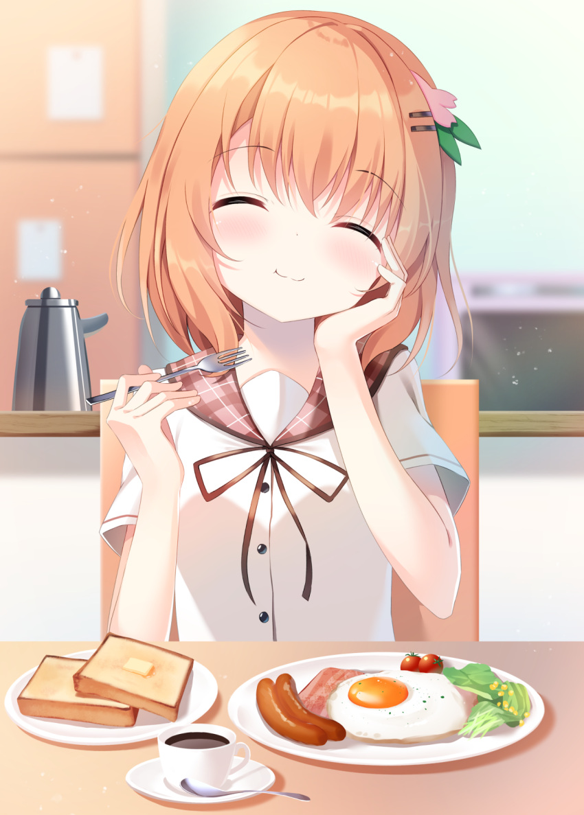 1girl, :t, ^_^, bacon, bangs, black_ribbon, blurry, blurry_background