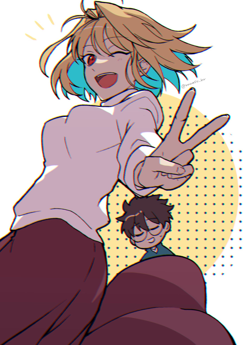 1boy, 1girl, antenna_hair, arcueid_brunestud, bangs, blonde_hair, long_skirt, nanase_hr