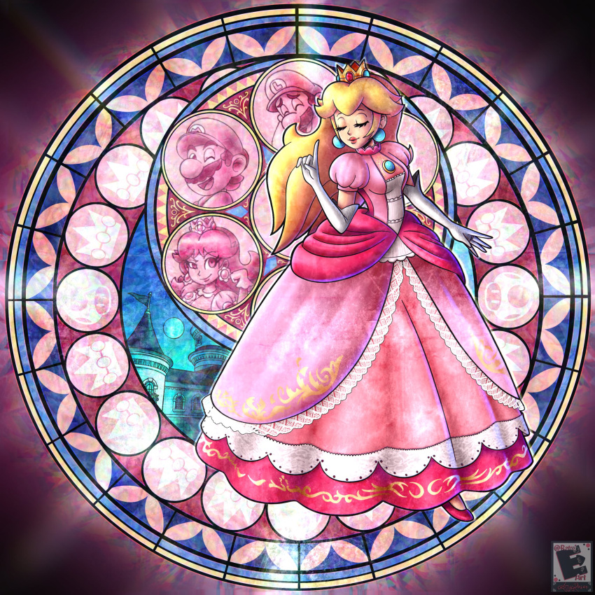 1girl, ^_^, amyroser, bangs, blonde_hair, closed_eyes, crown, dress