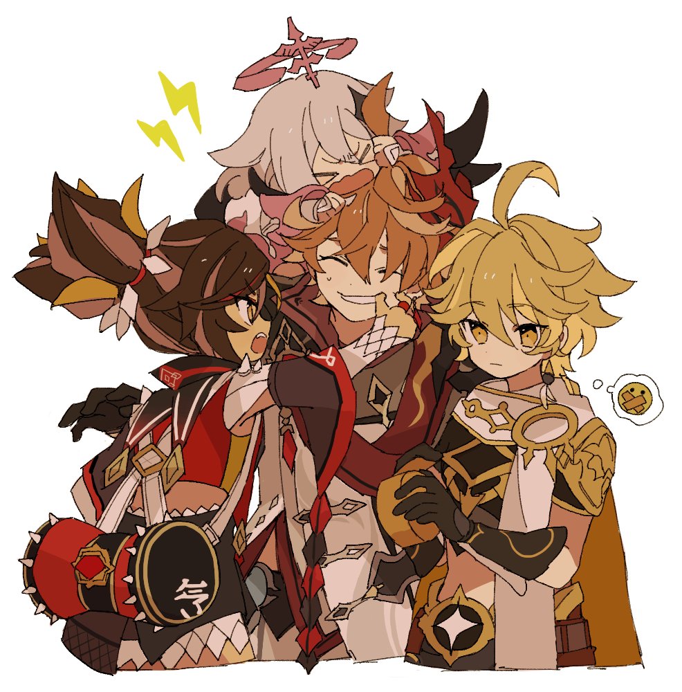 >_<, 2boys, 2girls, aether_(genshin_impact), bangs, black_gloves, black_shirt, black_shorts