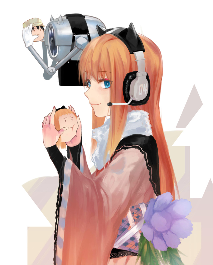1girl, animal_ears, blue_eyes, character_doll, doll, fake_animal_ears, gunjou_no_magmell, headphones