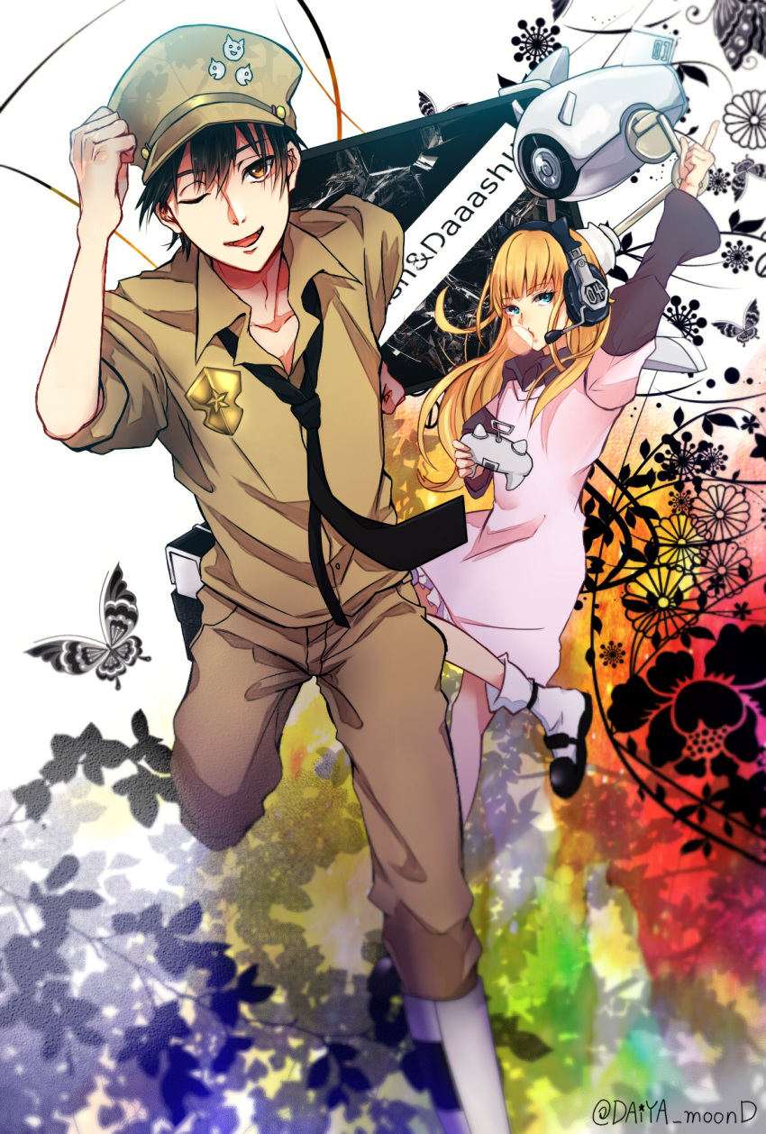 1boy, 1girl, ;d, arms_up, bangs, black_butterfly, black_hair, black_neckwear, blonde_hair, brown_pants, brown_shirt, bubble_blowing, bug, butterfly, controller, daiya_moond, dress, gunjou_no_magmell, hat, headphones, headset, highres, inyou_(gunjou_no_magmell), long_hair, long_sleeves, machine, medal, necktie, one_eye_closed, pants, pink_dress, shirt, smile, standing, white_legwear, zero_(gunjou_no_magmell)