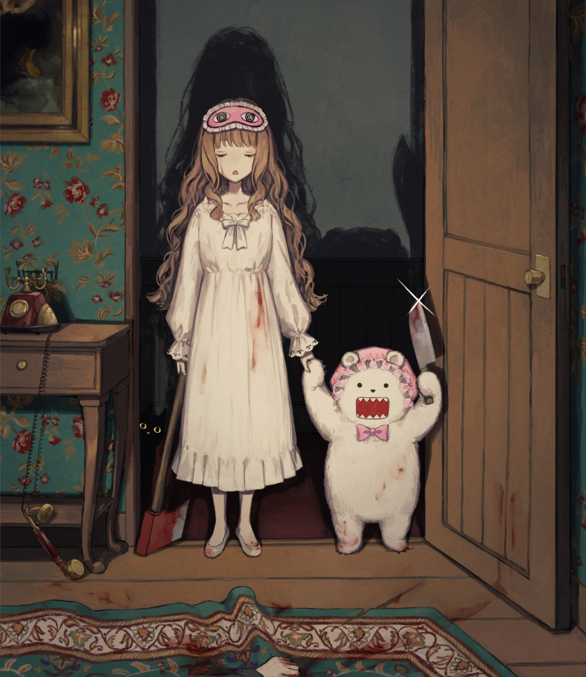 1girl, 1other, absurdres, animate_object, axe, bangs, blood, blood_on_clothes