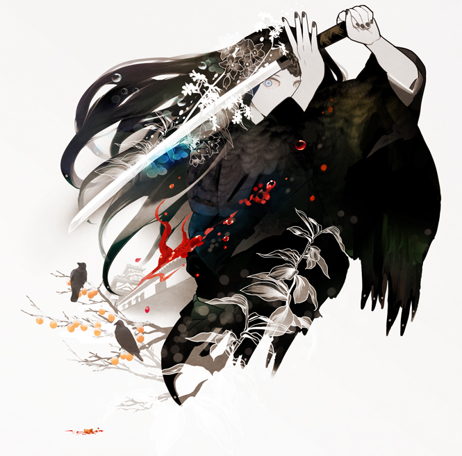 1girl, bird, black_hair, black_nails, blue_eyes, crow, hiko_(lg612), katana