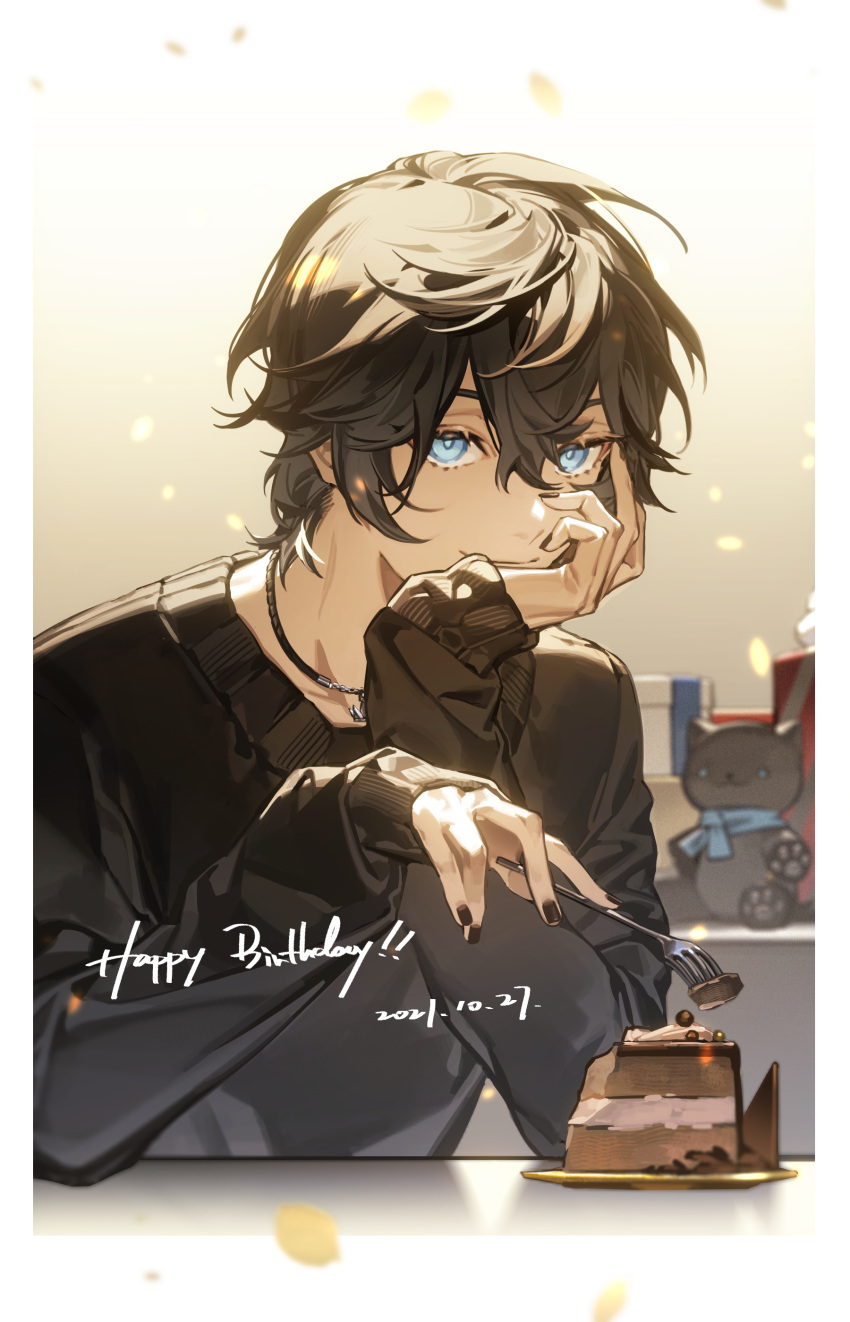 1boy, absurdres, axia_krone, bangs, black_hair, black_nails, black_sweater, blue_eyes