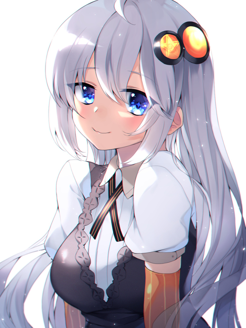 1girl, ahoge, bangs, blue_eyes, breasts, commentary, dress, grey_dress