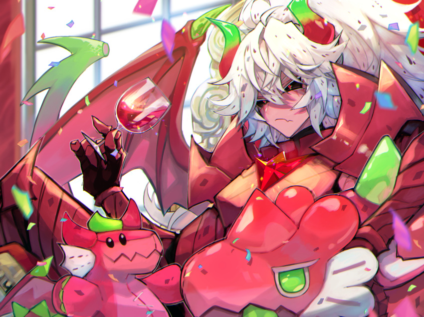 1boy, armor, bangs, black_sclera, breastplate, colored_sclera, colored_skin, confetti