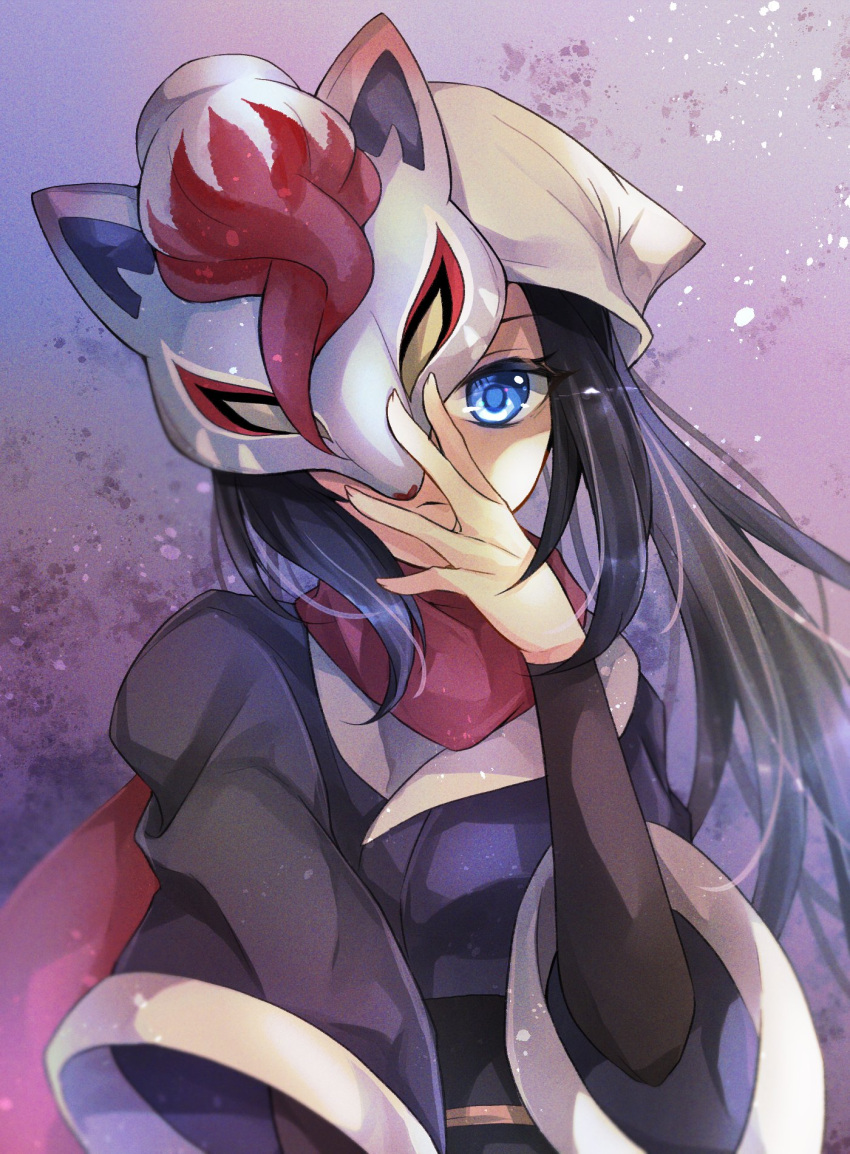 1girl, akari_(pokemon), black_hair, black_undershirt, blue_eyes, blue_kimono, character_mask, closed_mouth