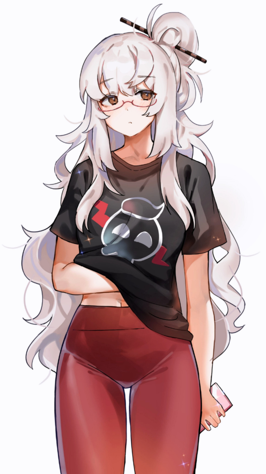 1girl, absurdres, bangs, black_shirt, brown_eyes, casual, commentary, cookie_run