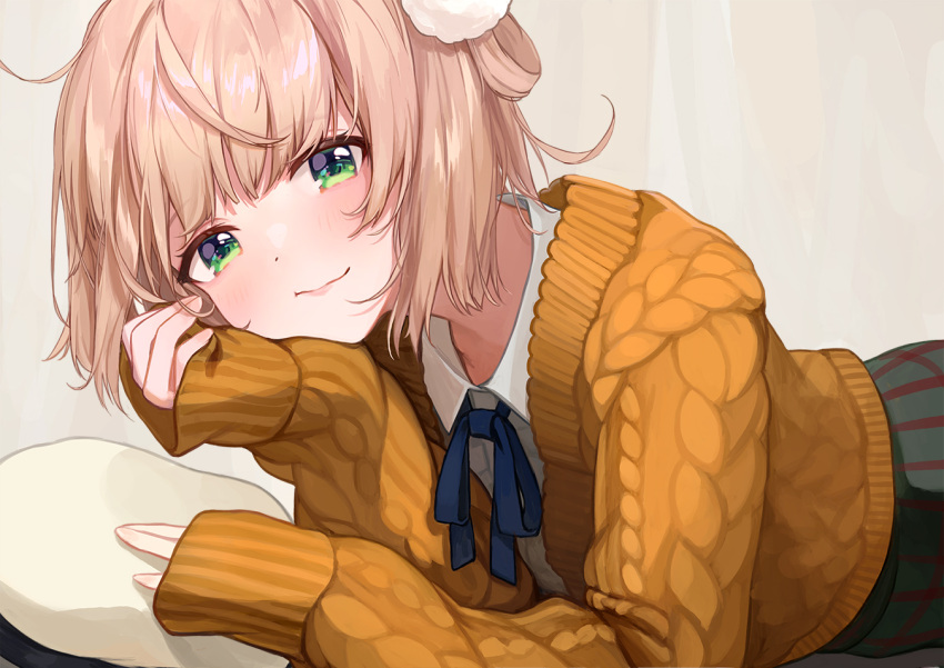 1girl, cardigan, casual, closed_mouth, eyebrows_visible_through_hair, green_eyes, hair_rings, head_rest
