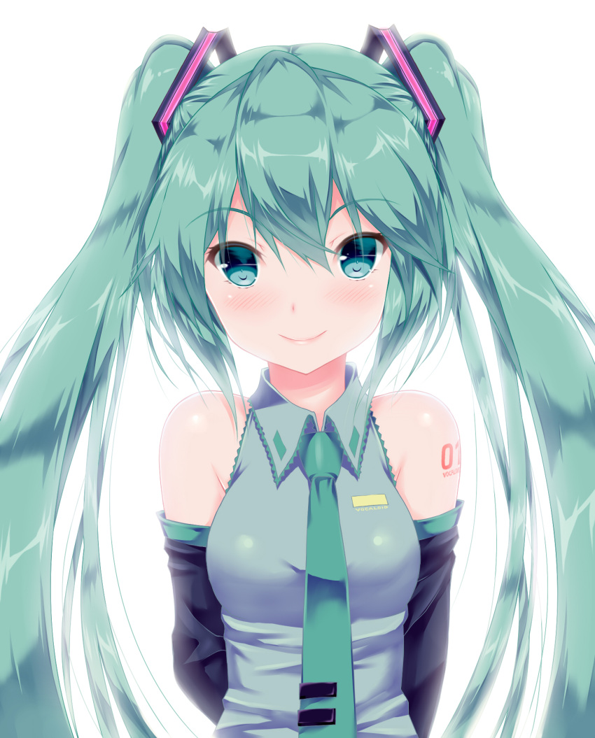 1girl, aqua_eyes, aqua_hair, aqua_necktie, bangs, blush, breasts, calcio, closed_mouth, collared_shirt, detached_sleeves, eyebrows_visible_through_hair, eyes_visible_through_hair, grey_shirt, hair_between_eyes, hatsune_miku, highres, long_hair, looking_at_viewer, medium_breasts, necktie, shirt, shoulder_tattoo, smile, tattoo, twintails, upper_body, vocaloid