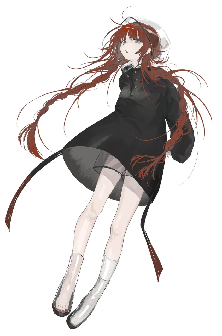 1girl, bangs, black_coat, blue_eyes, braid, buttons, coat, feet