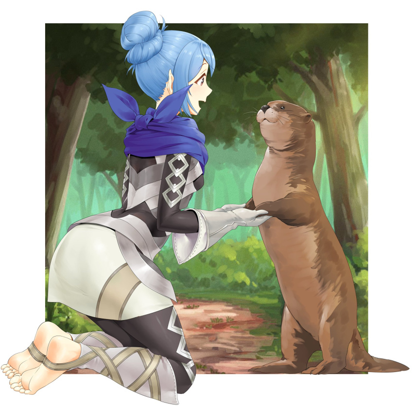 1girl, animal, armor, armored_dress, bangs, barefoot, black_legwear, blue_hair, blue_scarf, brown_eyes, commentary, english_commentary, eye_contact, eyebrows_visible_through_hair, fire_emblem, fire_emblem_fates, forest, gloves, grass, hair_bun, highres, igni_tion, kana_(fire_emblem), kana_(fire_emblem)_(female), kneeling, long_sleeves, looking_at_another, manakete, nature, open_mouth, otter, outdoors, pantyhose, pointy_ears, scarf, short_hair, sidelocks, smile, stirrup_legwear, tied_hair, toeless_legwear, tree