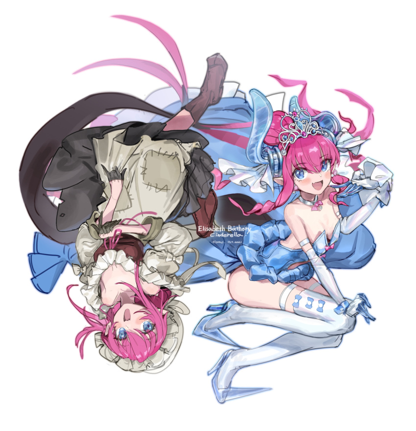 2girls, :d, artist_name, blue_eyes, blush, breasts, character_name, dated