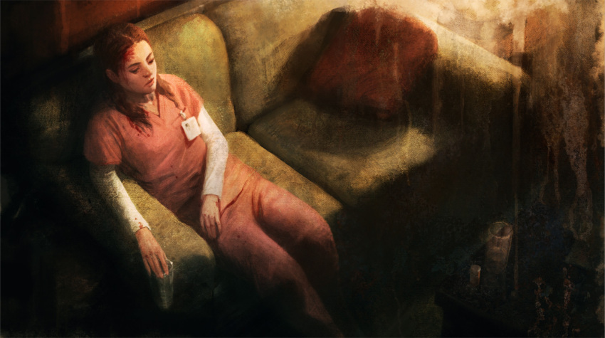 bandage, bandages, blood, concept_art, couch, cup, dark, drink