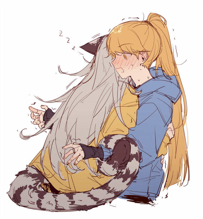 2girls, animal_ears, blonde_hair, blush, eyebrows_visible_through_hair, grey_hair, highres, hood